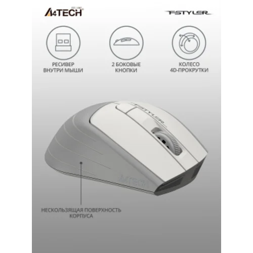 Мышь A4Tech Fstyler FG30S белый/серый оптическая (2000dpi) silent беспроводная USB (6but) Мышь A4Tech Fstyler FG30S белый/серый оптическая (2000dpi) silent беспроводная USB (6but)